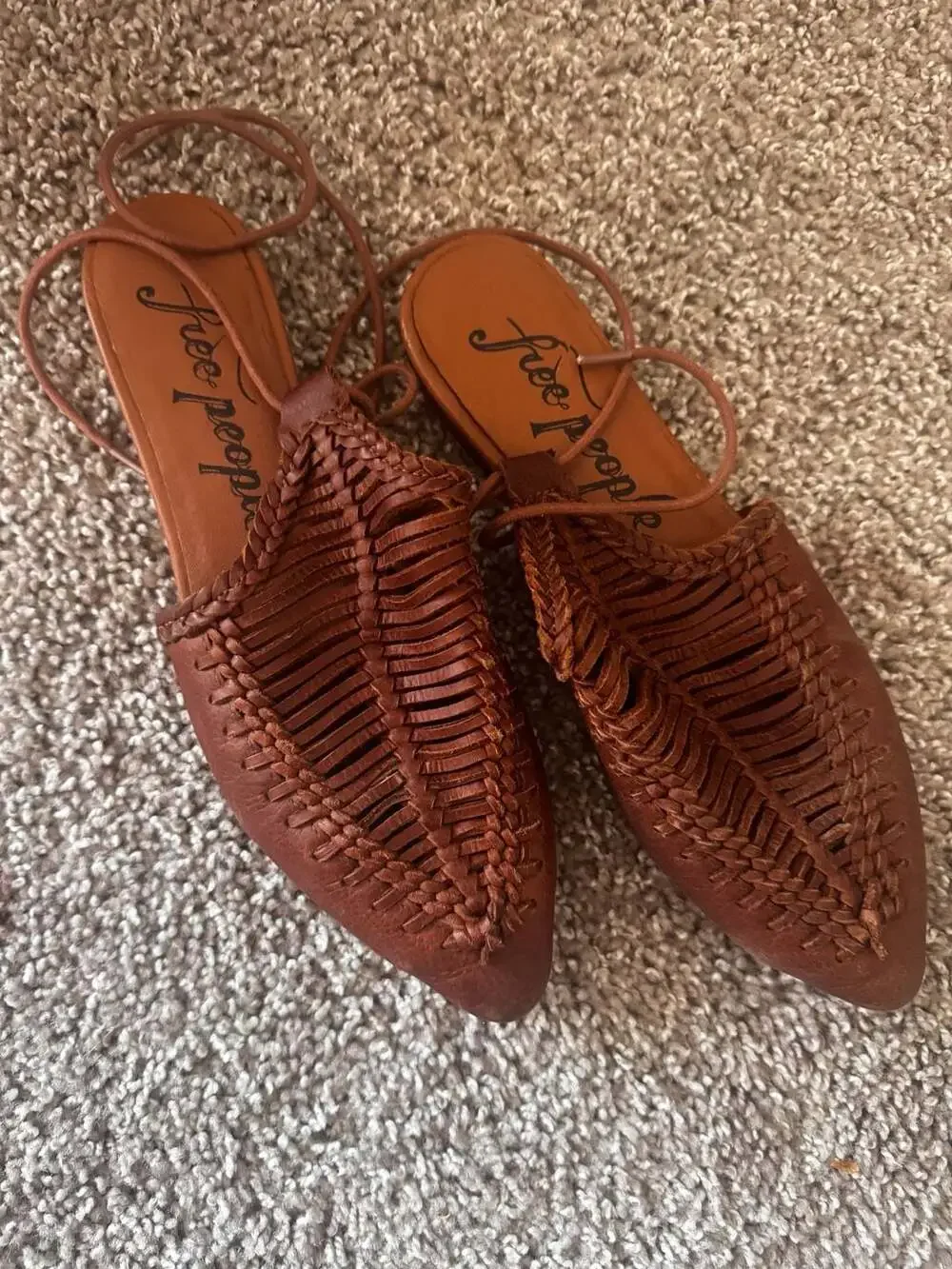Free People Dana Pointed Toe Woven Leather Flat Mules Cedar Brown Size 36